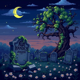 A detailed pixel art scene depicting a graveyard at twilight