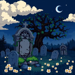 A detailed pixel art scene depicting a graveyard at twilight