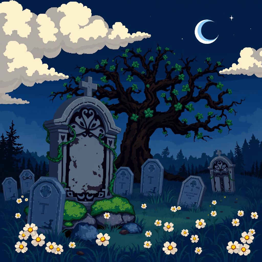 A detailed pixel art scene depicting a graveyard at twilight