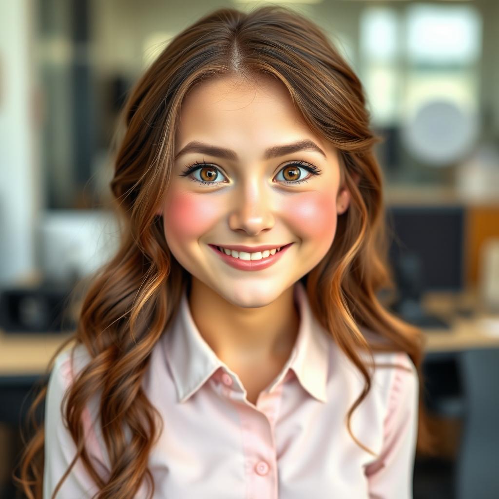 A cheerful young woman with long length wavy brown hair and expressive hazel eyes, radiating an aura of friendly clumsiness