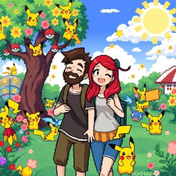 A pixel art scene featuring a bearded boy with a relaxed expression and his stunning redhead girlfriend, joyfully exploring a vibrant Pokémon park filled with various Pokémon characters and bright, colorful scenery