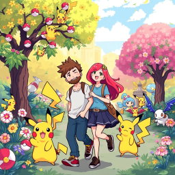 A pixel art scene featuring a bearded boy with a relaxed expression and his stunning redhead girlfriend, joyfully exploring a vibrant Pokémon park filled with various Pokémon characters and bright, colorful scenery
