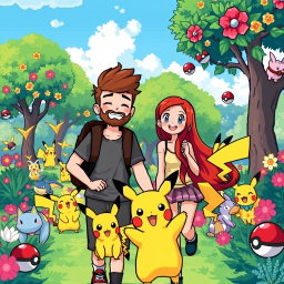 A pixel art scene featuring a bearded boy with a relaxed expression and his stunning redhead girlfriend, joyfully exploring a vibrant Pokémon park filled with various Pokémon characters and bright, colorful scenery