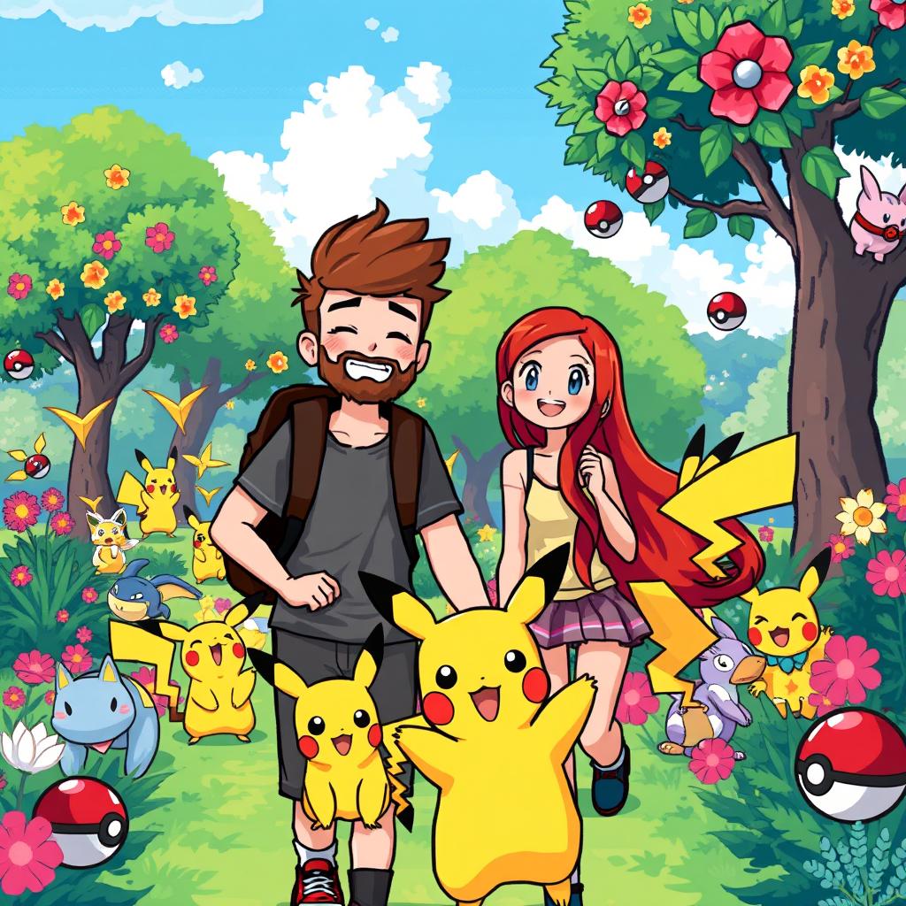 A pixel art scene featuring a bearded boy with a relaxed expression and his stunning redhead girlfriend, joyfully exploring a vibrant Pokémon park filled with various Pokémon characters and bright, colorful scenery
