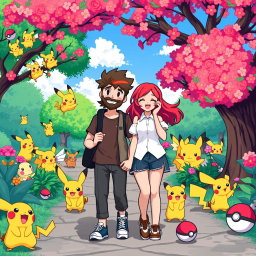 A pixel art scene featuring a bearded boy with a relaxed expression and his stunning redhead girlfriend, joyfully exploring a vibrant Pokémon park filled with various Pokémon characters and bright, colorful scenery