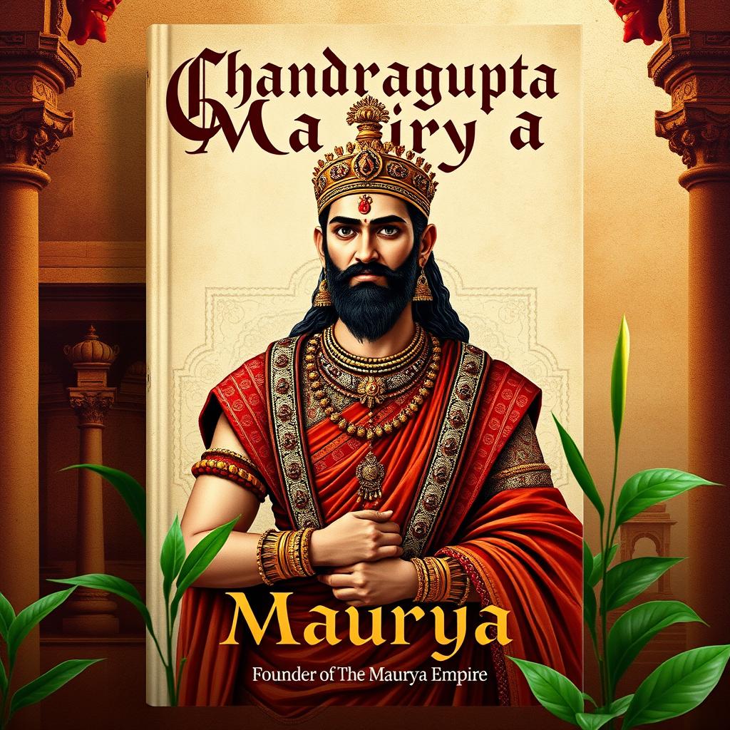 A captivating book cover design featuring a historical depiction of Chandragupta Maurya, the founder of the Maurya Empire in ancient India