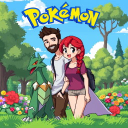 A pixel art scene in a vibrant Pokémon park showcasing a bearded young man with short hair, wearing casual clothes, alongside his redhead girlfriend who has her hair styled in playful braids