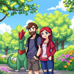 A pixel art scene in a vibrant Pokémon park showcasing a bearded young man with short hair, wearing casual clothes, alongside his redhead girlfriend who has her hair styled in playful braids