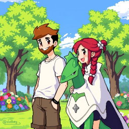 A pixel art scene in a vibrant Pokémon park showcasing a bearded young man with short hair, wearing casual clothes, alongside his redhead girlfriend who has her hair styled in playful braids