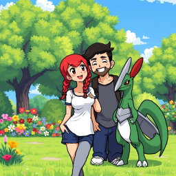 A pixel art scene in a vibrant Pokémon park showcasing a bearded young man with short hair, wearing casual clothes, alongside his redhead girlfriend who has her hair styled in playful braids