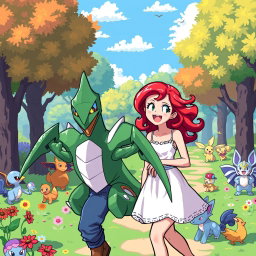 A pixel art scene depicting a joyful bearded young man and his redhead girlfriend in a whimsical Pokémon park