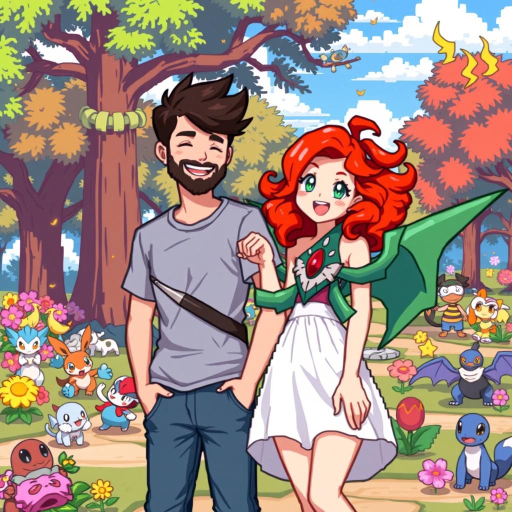 A pixel art scene depicting a joyful bearded young man and his redhead girlfriend in a whimsical Pokémon park