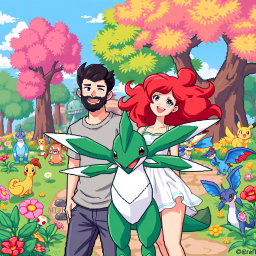 A pixel art scene depicting a joyful bearded young man and his redhead girlfriend in a whimsical Pokémon park