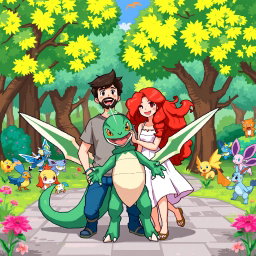 A pixel art scene depicting a joyful bearded young man and his redhead girlfriend in a whimsical Pokémon park