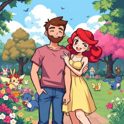 A vibrant pixel art scene in a Pokémon park featuring a bearded young man with short hair wearing a casual t-shirt and jeans, standing happily alongside his redhead girlfriend who has bright red hair styled in loose waves and is wearing a cute sundress
