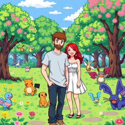 A vibrant pixel art scene in a Pokémon park featuring a bearded young man with short hair wearing a casual t-shirt and jeans, standing happily alongside his redhead girlfriend who has bright red hair styled in loose waves and is wearing a cute sundress