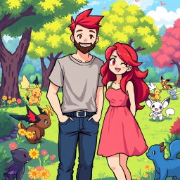 A vibrant pixel art scene in a Pokémon park featuring a bearded young man with short hair wearing a casual t-shirt and jeans, standing happily alongside his redhead girlfriend who has bright red hair styled in loose waves and is wearing a cute sundress