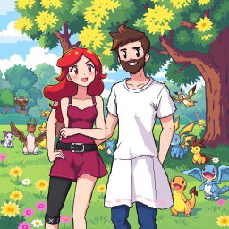 A vibrant pixel art scene in a Pokémon park featuring a bearded young man with short hair wearing a casual t-shirt and jeans, standing happily alongside his redhead girlfriend who has bright red hair styled in loose waves and is wearing a cute sundress