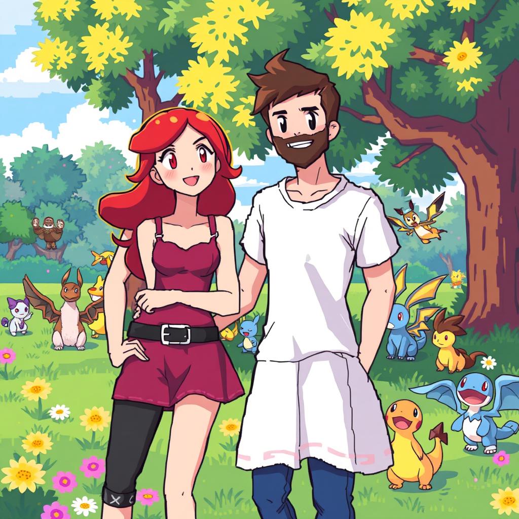 A vibrant pixel art scene in a Pokémon park featuring a bearded young man with short hair wearing a casual t-shirt and jeans, standing happily alongside his redhead girlfriend who has bright red hair styled in loose waves and is wearing a cute sundress