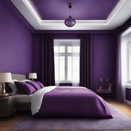 Redesign the above-mentioned 19 x 12 ft bedroom with a tonal change to deep purple. Ensure all elements such as beddings, walls, and furniture sync well with this impactful, rich color.