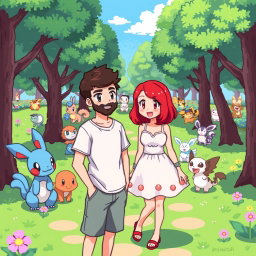 A charming 8-bit art scene set in a lively Pokémon park, featuring a bearded young man with short hair, casually dressed in a t-shirt and shorts, standing next to his redhead girlfriend who has shoulder-length bright red hair and is wearing a playful sundress