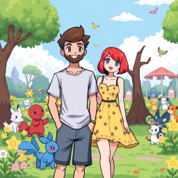 A charming 8-bit art scene set in a lively Pokémon park, featuring a bearded young man with short hair, casually dressed in a t-shirt and shorts, standing next to his redhead girlfriend who has shoulder-length bright red hair and is wearing a playful sundress