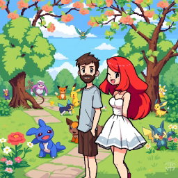 A charming 8-bit art scene set in a lively Pokémon park, featuring a bearded young man with short hair, casually dressed in a t-shirt and shorts, standing next to his redhead girlfriend who has shoulder-length bright red hair and is wearing a playful sundress