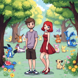 A charming 8-bit art scene set in a lively Pokémon park, featuring a bearded young man with short hair, casually dressed in a t-shirt and shorts, standing next to his redhead girlfriend who has shoulder-length bright red hair and is wearing a playful sundress