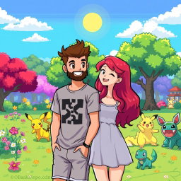 A delightful 8-bit art scene illustrating a bearded young man and his redhead girlfriend enjoying a sunny day in a Pokémon park