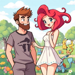 A delightful 8-bit art scene illustrating a bearded young man and his redhead girlfriend enjoying a sunny day in a Pokémon park
