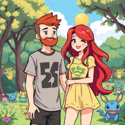 A delightful 8-bit art scene illustrating a bearded young man and his redhead girlfriend enjoying a sunny day in a Pokémon park