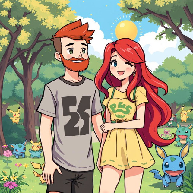 A delightful 8-bit art scene illustrating a bearded young man and his redhead girlfriend enjoying a sunny day in a Pokémon park