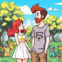 A delightful 8-bit art scene illustrating a bearded young man and his redhead girlfriend enjoying a sunny day in a Pokémon park