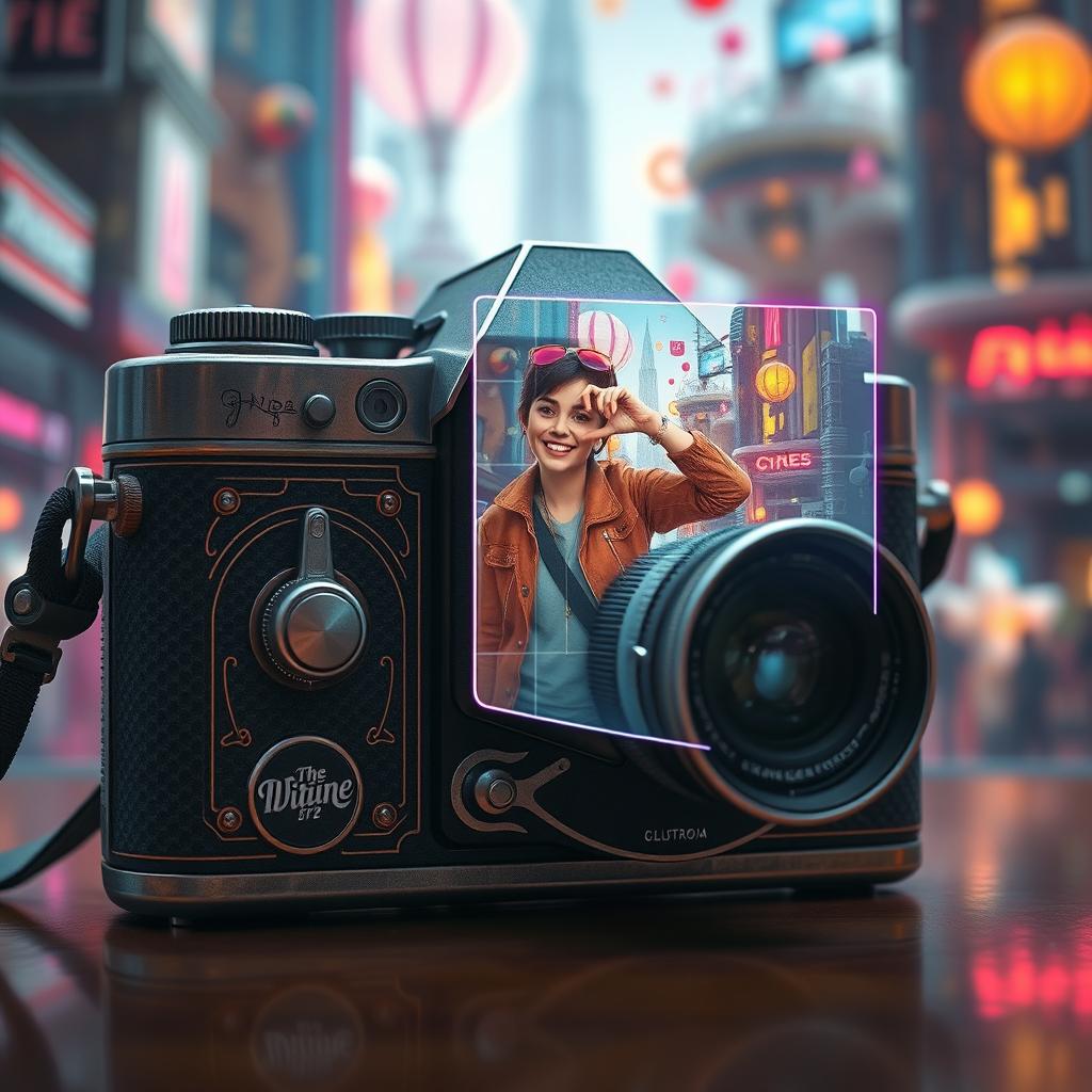 A retro-futuristic camera depicted in a captivating scene, showcasing a holographic projection of a person capturing their own image