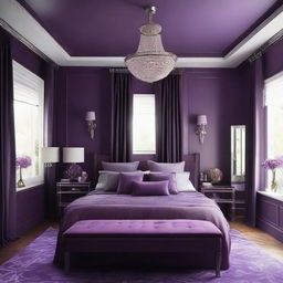 Modify the design of the 19 x 12 ft bedroom, brightening the deep purple tone to a lighter, softer shade of purple. Ensure that the rest of the décor elements blend seamlessly with this lighter hue.