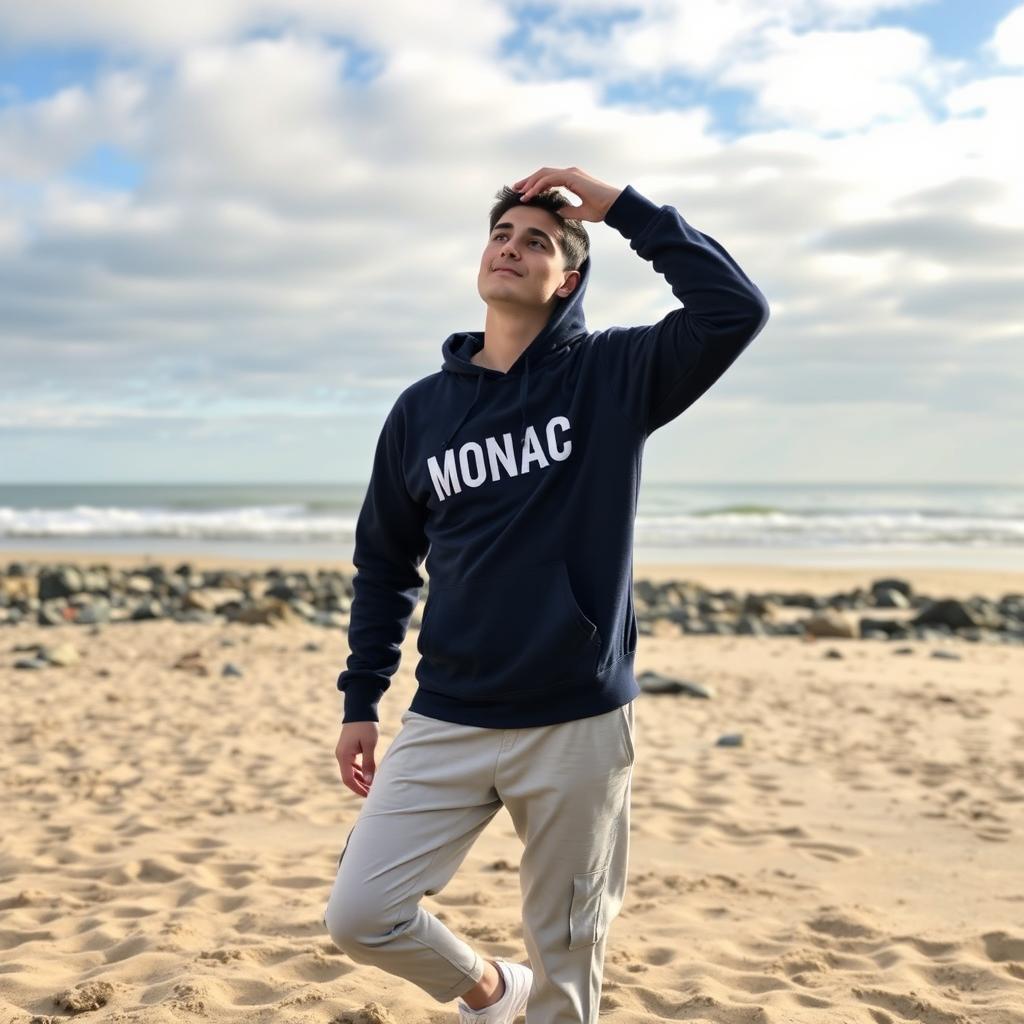 A person standing on a beach with sand and rocks around, the sea in the background under a sky with clouds and clear patches