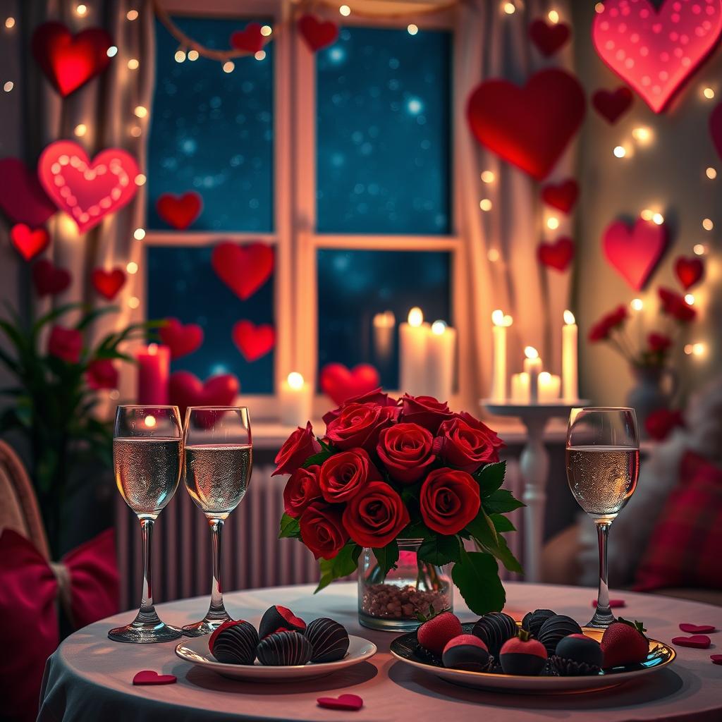 A romantic scene featuring a beautifully decorated Valentine's Day-themed room filled with heart-shaped decorations, soft ambient lighting, and a table set for a candlelit dinner