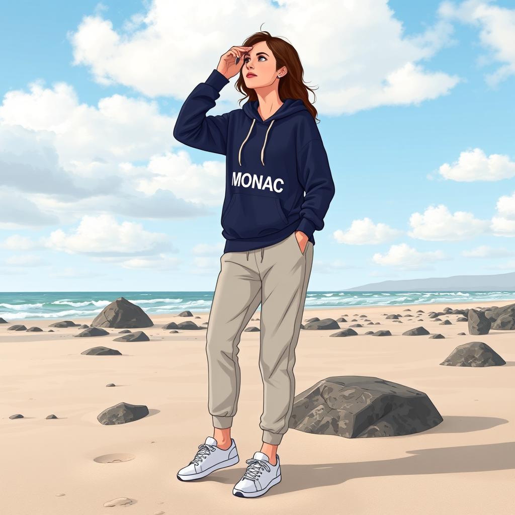 A scenic illustration of a woman standing on a beach with sand and rocks around her, and the sea in the background under a partly cloudy sky