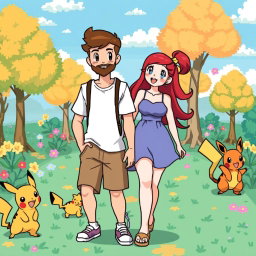 A lively 8-bit art scene featuring a young man with a beard and brown hair, casually dressed in a t-shirt and shorts, along with his girlfriend who has vibrant red hair styled in a playful manner and is wearing a stylish sundress