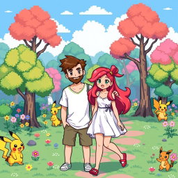 A lively 8-bit art scene featuring a young man with a beard and brown hair, casually dressed in a t-shirt and shorts, along with his girlfriend who has vibrant red hair styled in a playful manner and is wearing a stylish sundress