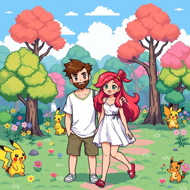 A lively 8-bit art scene featuring a young man with a beard and brown hair, casually dressed in a t-shirt and shorts, along with his girlfriend who has vibrant red hair styled in a playful manner and is wearing a stylish sundress