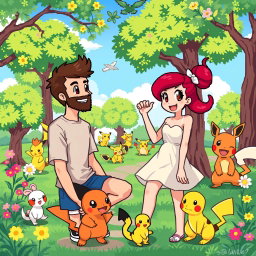 A lively 8-bit art scene featuring a young man with a beard and brown hair, casually dressed in a t-shirt and shorts, along with his girlfriend who has vibrant red hair styled in a playful manner and is wearing a stylish sundress