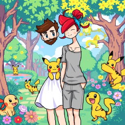 A lively 8-bit art scene featuring a young man with a beard and brown hair, casually dressed in a t-shirt and shorts, along with his girlfriend who has vibrant red hair styled in a playful manner and is wearing a stylish sundress