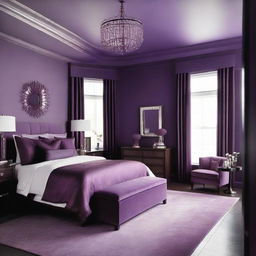 Modify the design of the 19 x 12 ft bedroom, brightening the deep purple tone to a lighter, softer shade of purple. Ensure that the rest of the décor elements blend seamlessly with this lighter hue.