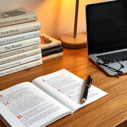 A neatly arranged editorial desk showcasing creativity and professionalism, featuring stacked books with elegant typography covers displaying various titles and designs