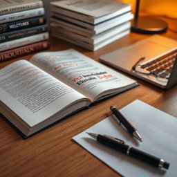 A neatly arranged editorial desk showcasing creativity and professionalism, featuring stacked books with elegant typography covers displaying various titles and designs