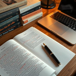 A neatly arranged editorial desk showcasing creativity and professionalism, featuring stacked books with elegant typography covers displaying various titles and designs