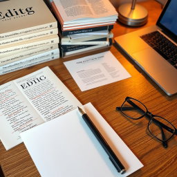 A neatly arranged editorial desk showcasing creativity and professionalism, featuring stacked books with elegant typography covers displaying various titles and designs
