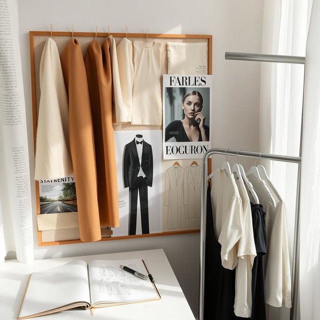 A curated fashion editorial mood board featuring an array of fabric swatches in elegant neutral and pastel tones, artfully pinned to the board