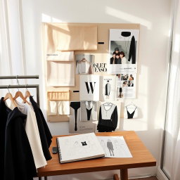 A curated fashion editorial mood board featuring an array of fabric swatches in elegant neutral and pastel tones, artfully pinned to the board